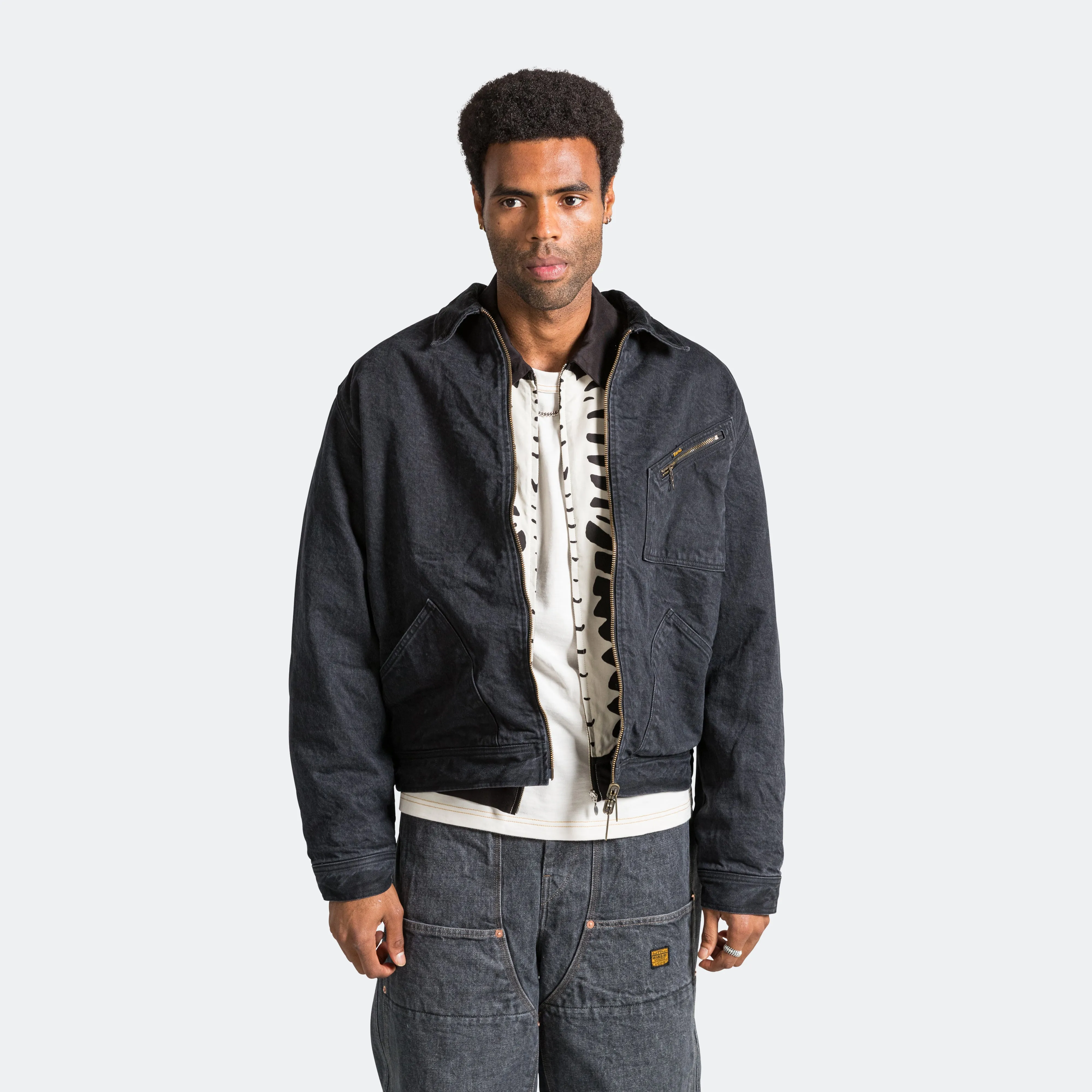 14oz BLK Denim BONE Lining Reversible ZIP-UP Work JKT - Black