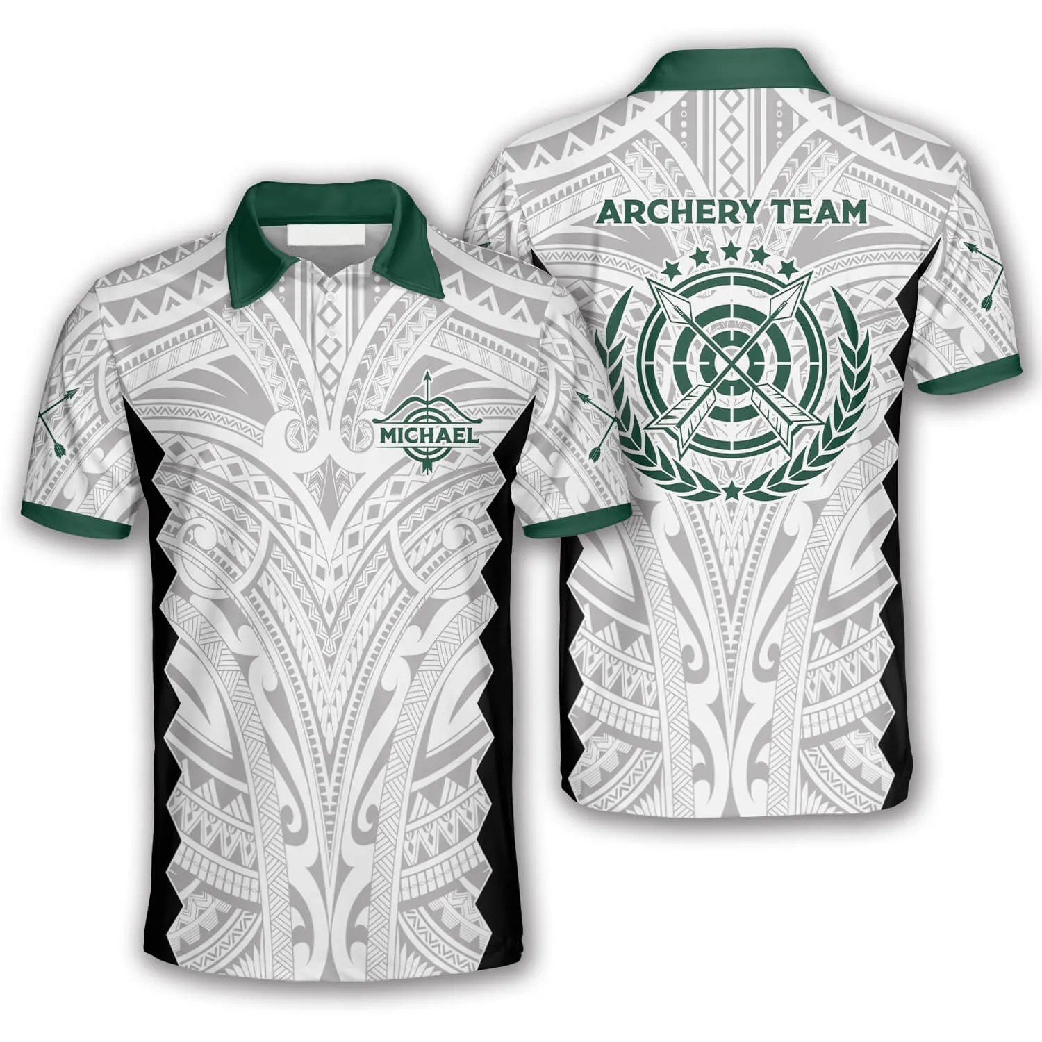 3D All Over Print Tribal White Green Custom Archery Polo Shirts For Men