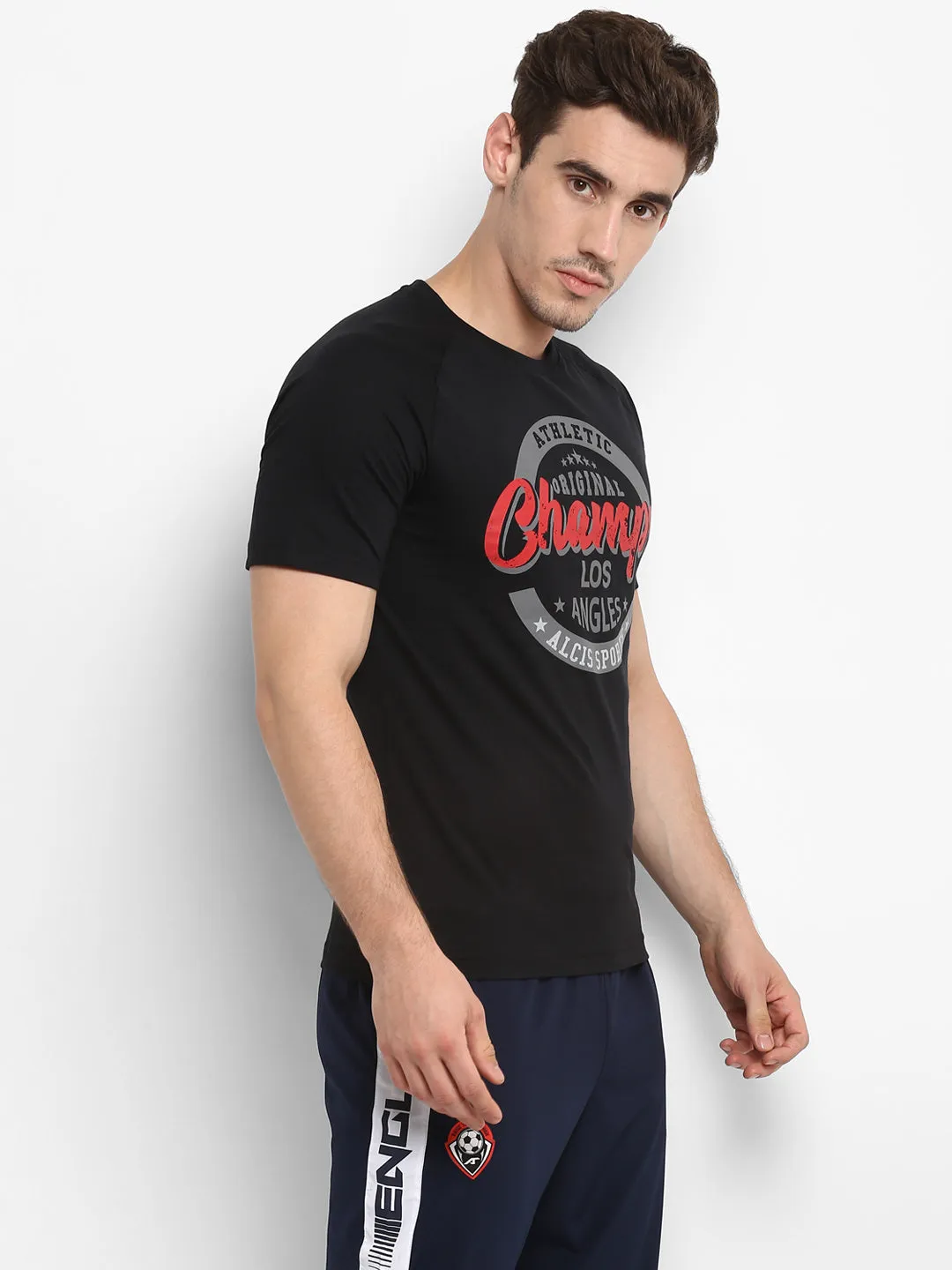 Alcis Men Black Printed Round Neck T-shirt