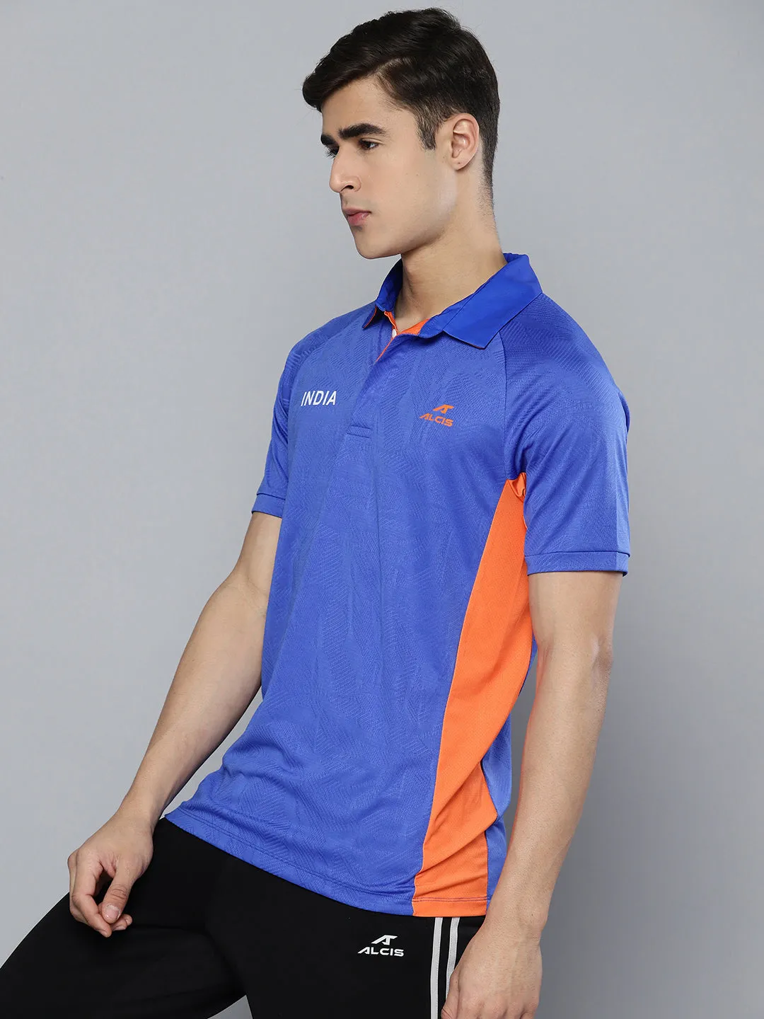 Alcis Men Blue Orange Colourblocked Indian Cricket Team Polo Collar T-shirt