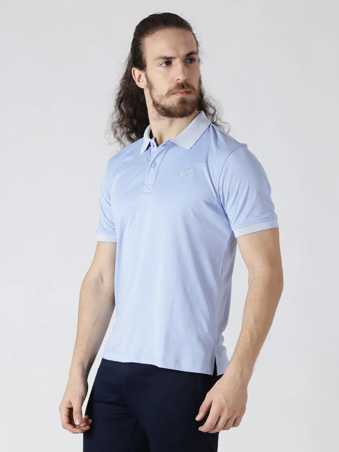 Alcis Men Blue Solid Polo Collar Slim Fit T-shirt