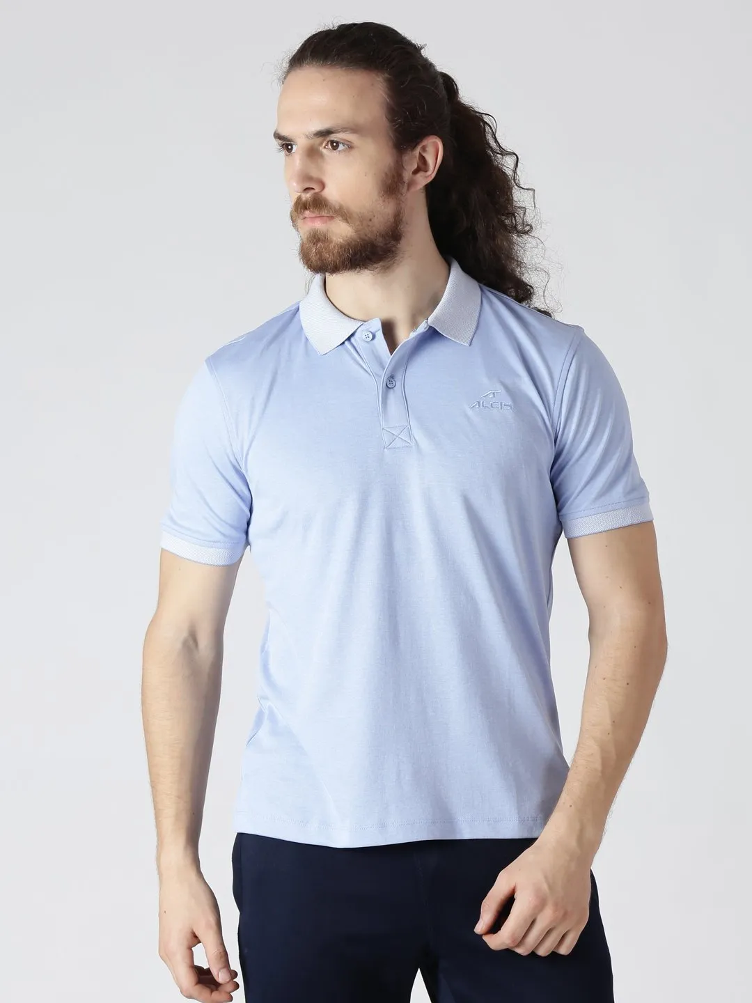 Alcis Men Blue Solid Polo Collar Slim Fit T-shirt