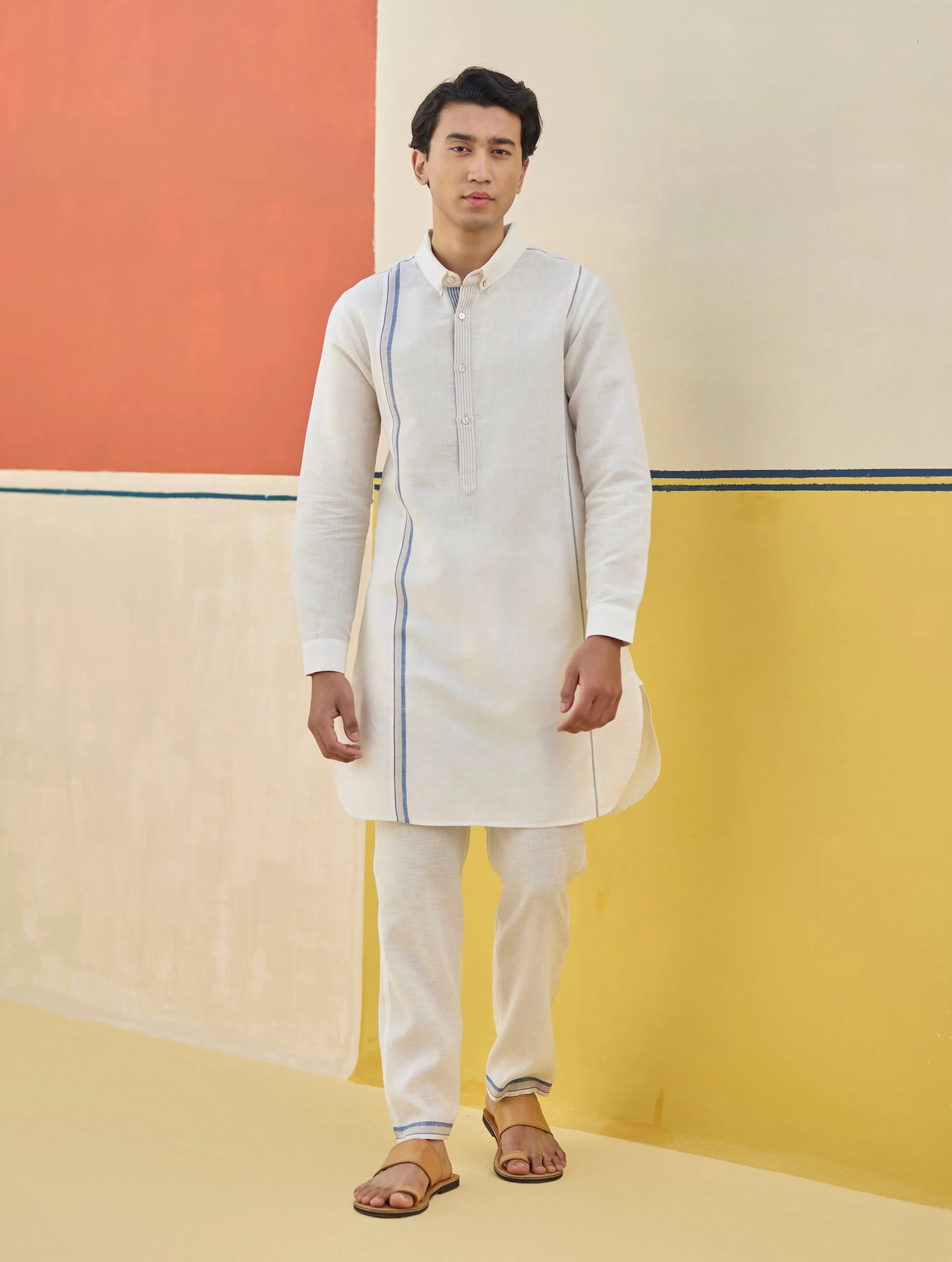 Arin Border Linen Kurta Set - Ivory