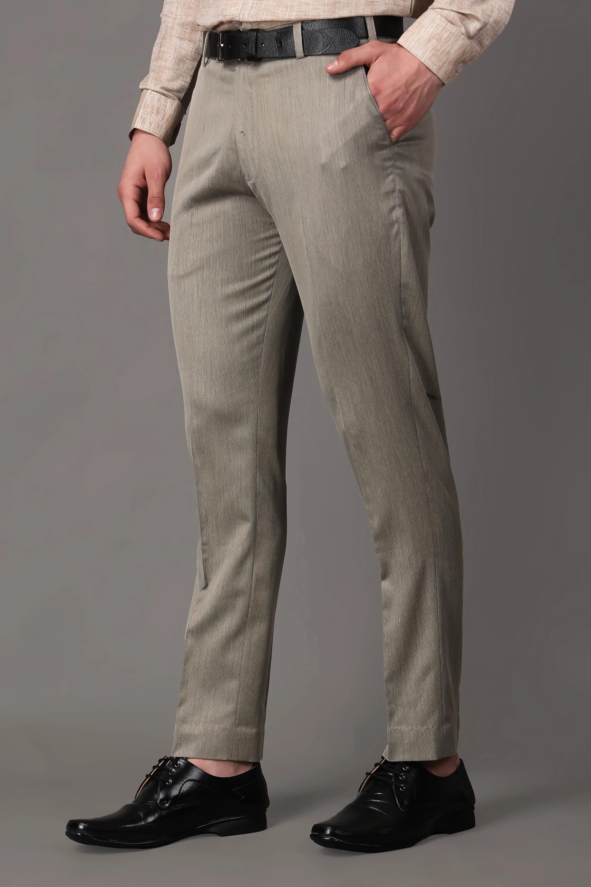 Beige Textured Stretch Trousers