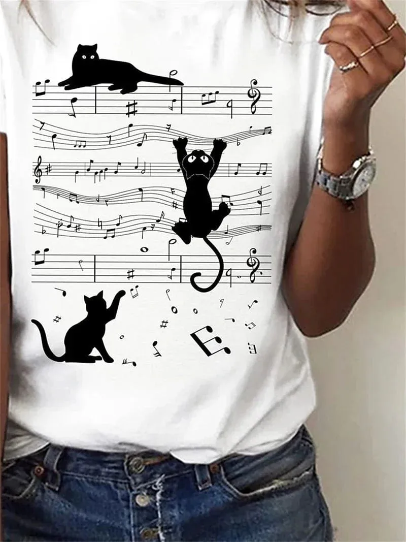 Cat Music Print Women's Short Sleeve T-Shirt