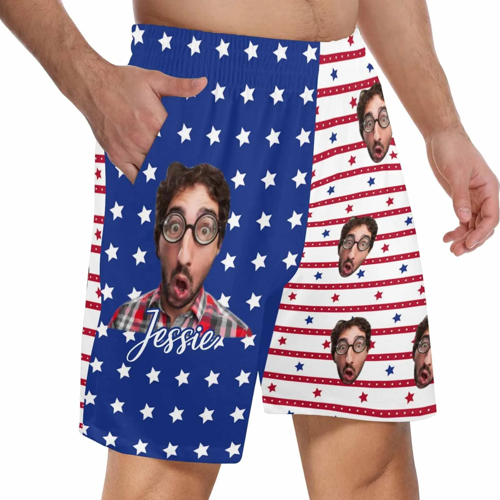 Custom Face Men's Pajama Shorts Personalized American Flag Sleepwear Shorts