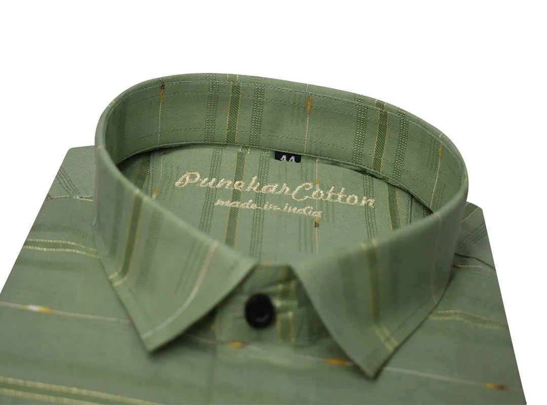 Green Color Pure Cotton Panelled Butta Stripes Shirts For Men's