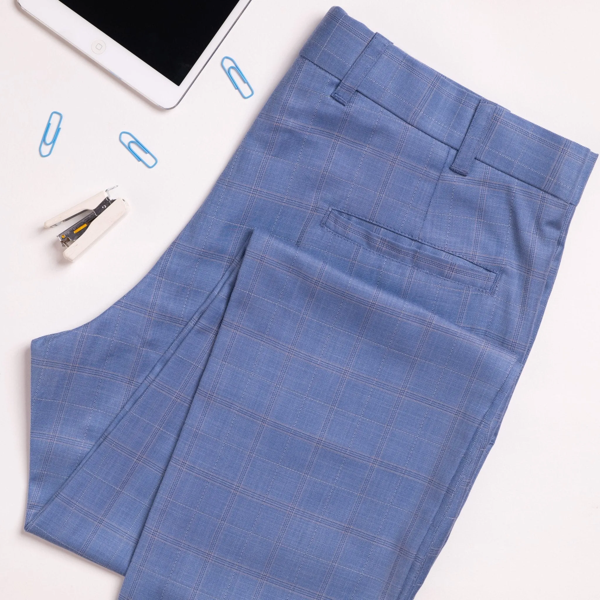 Light Blue color check blend cotton pant for men