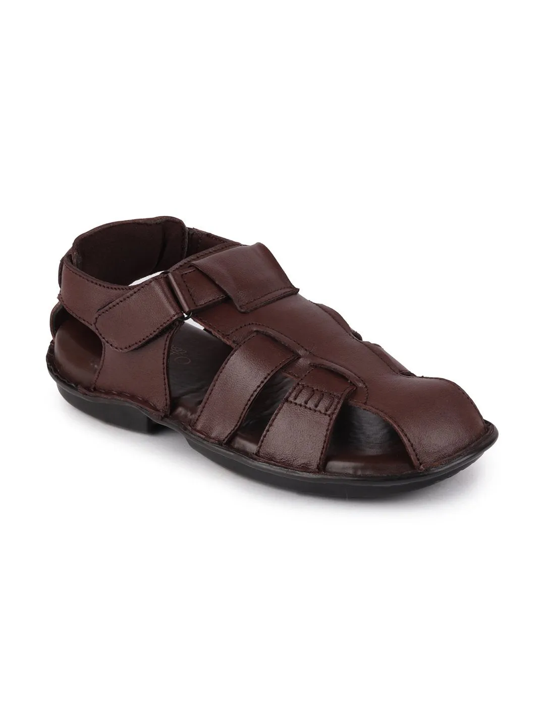 Men Brown Formal Leather Hook & Loop Flat Sandals