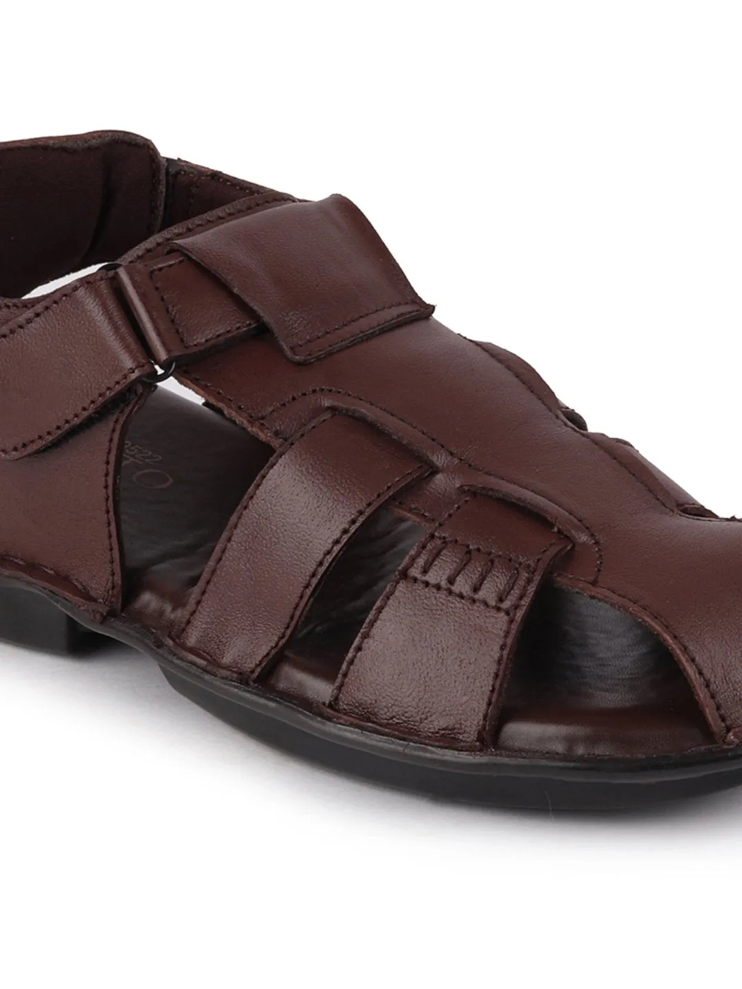 Men Brown Formal Leather Hook & Loop Flat Sandals