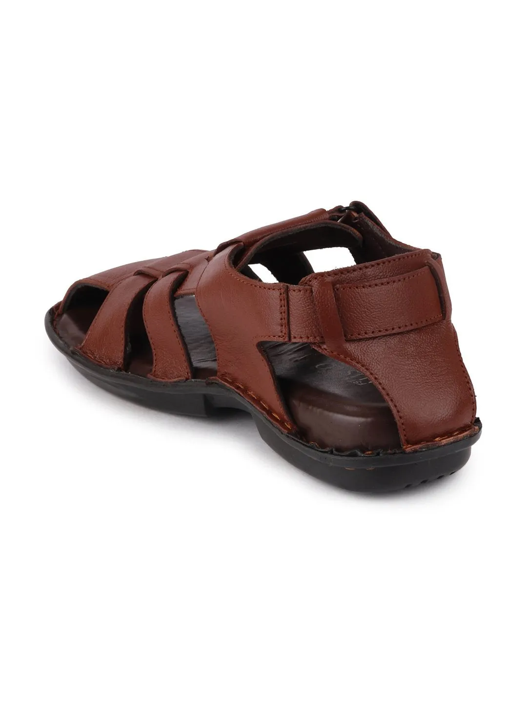 Men Tan Formal Leather Hook & Loop Flat Sandals