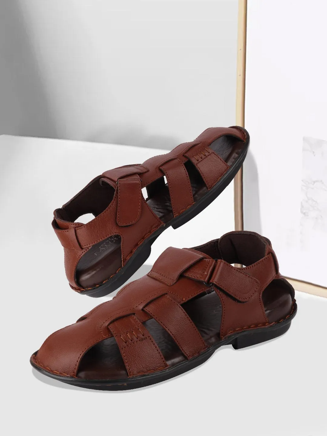 Men Tan Formal Leather Hook & Loop Flat Sandals