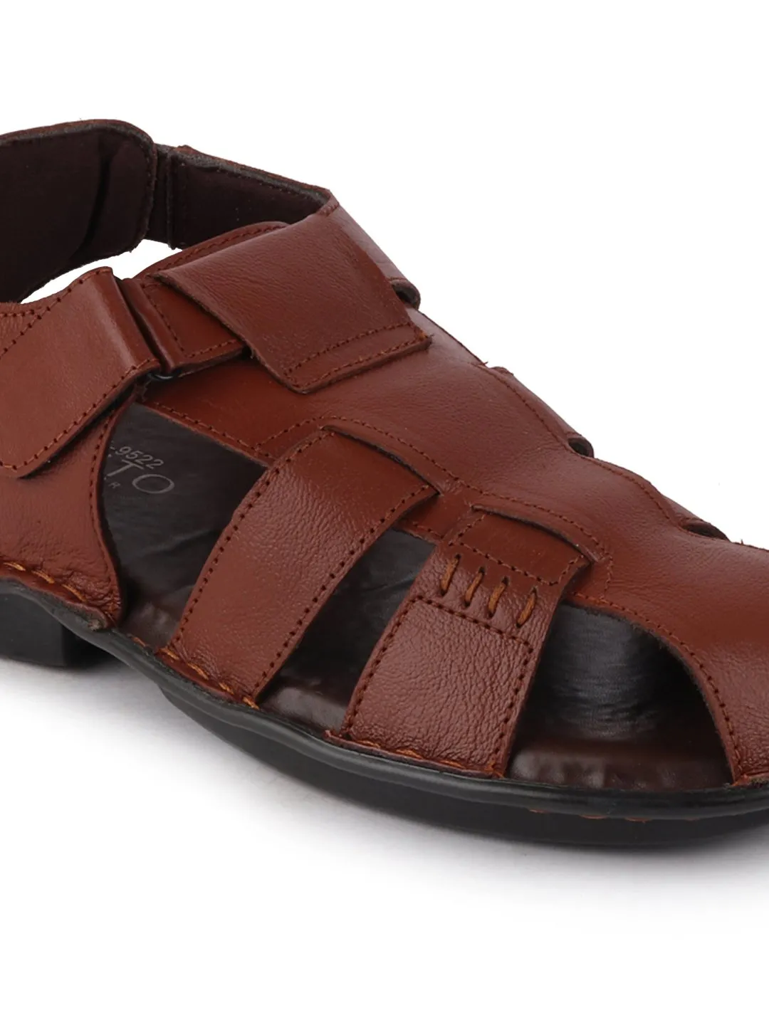 Men Tan Formal Leather Hook & Loop Flat Sandals