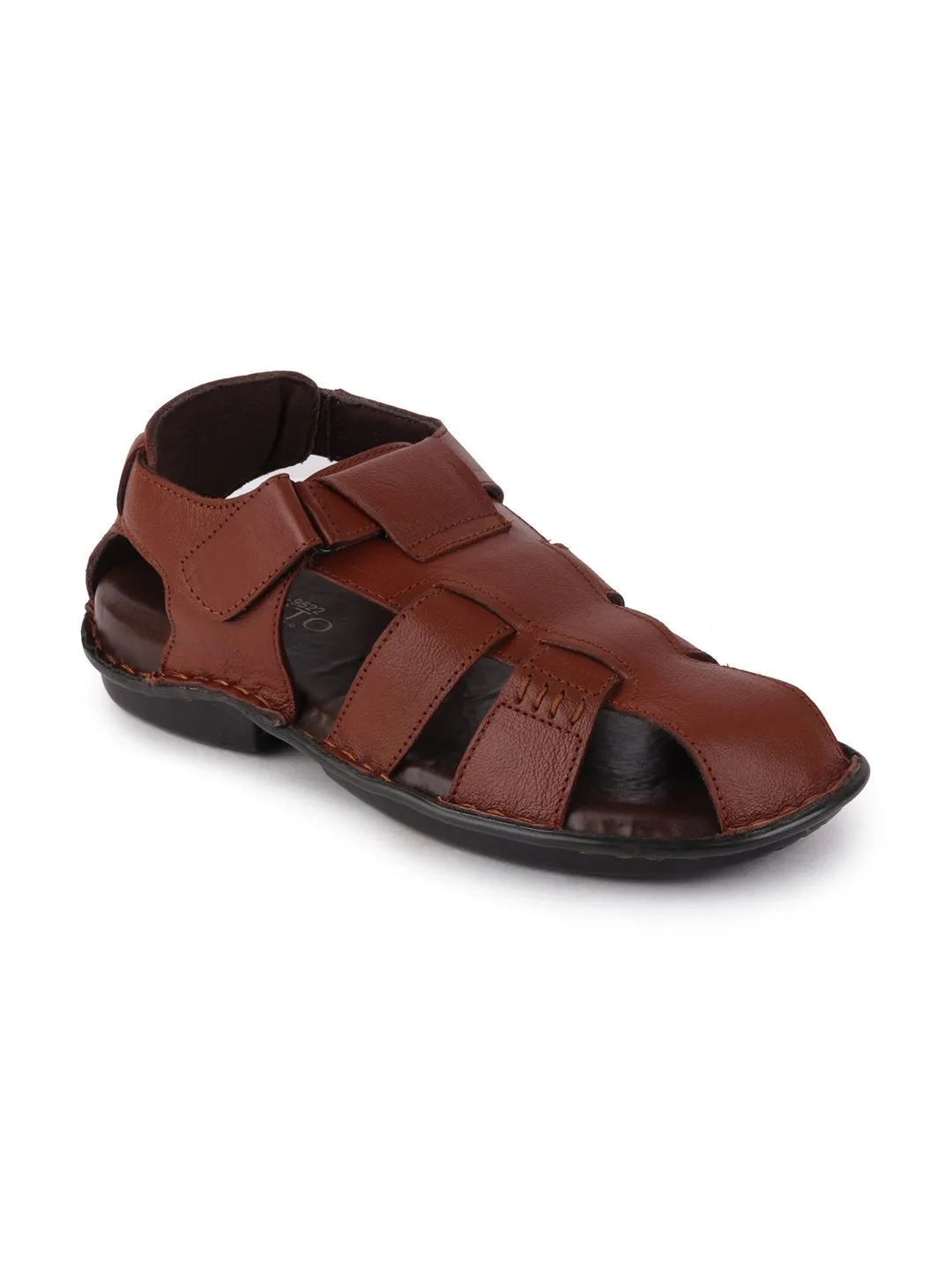 Men Tan Formal Leather Hook & Loop Flat Sandals