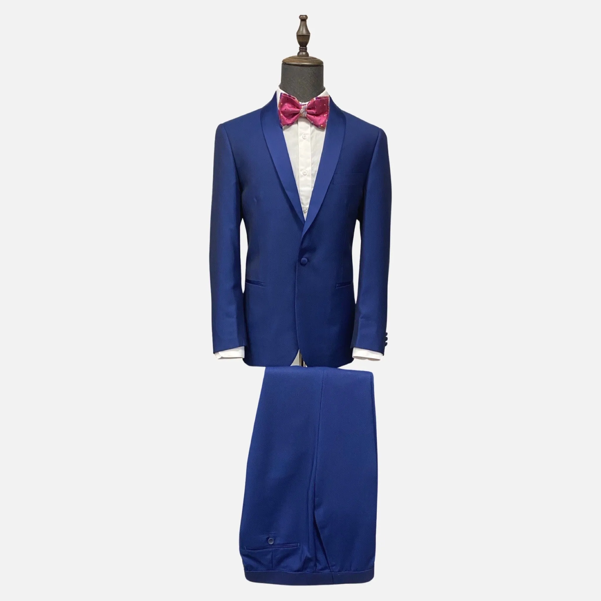 Modern Blue Pin Dot Tuxedo with Shawl Collar - Flat Front Pants