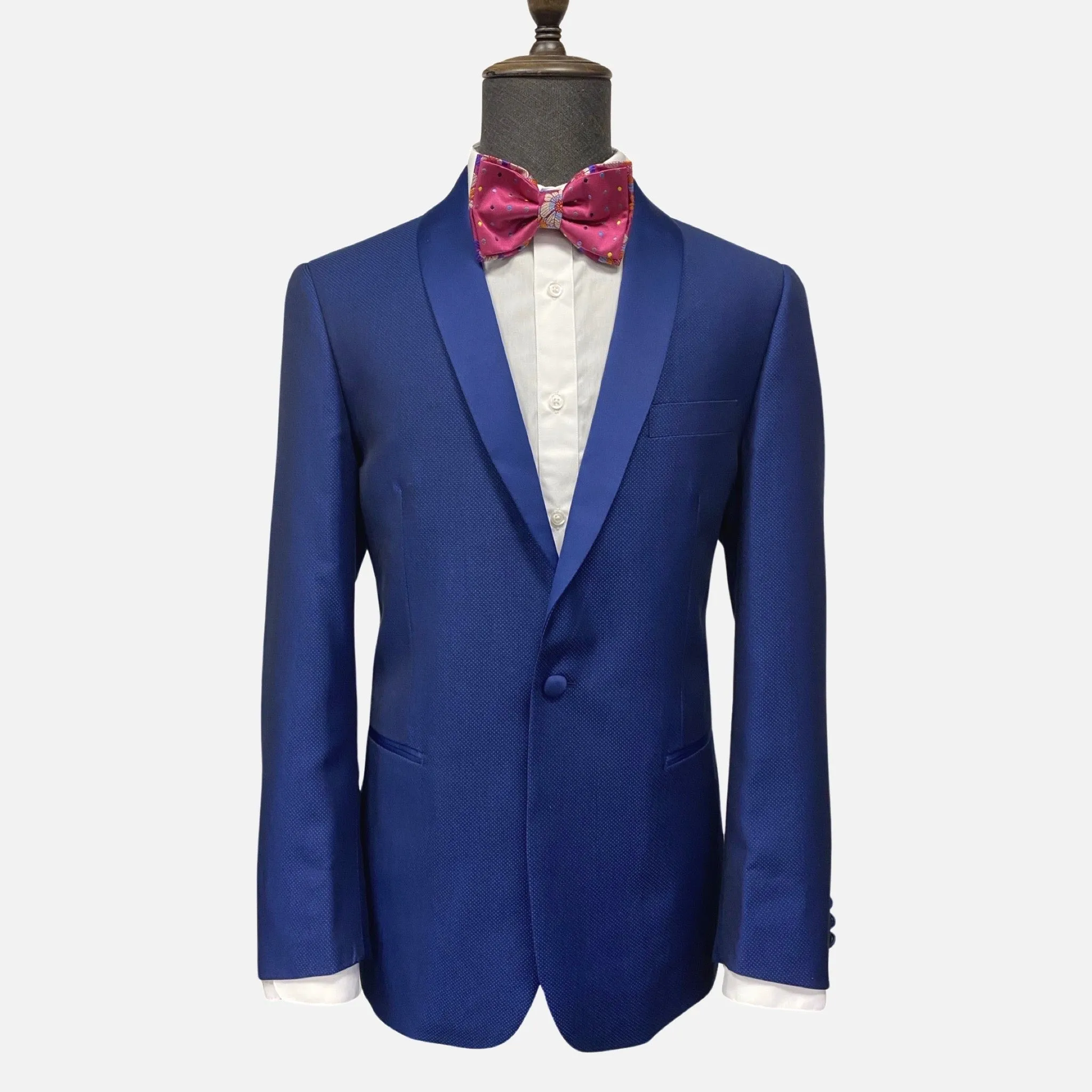 Modern Blue Pin Dot Tuxedo with Shawl Collar - Flat Front Pants