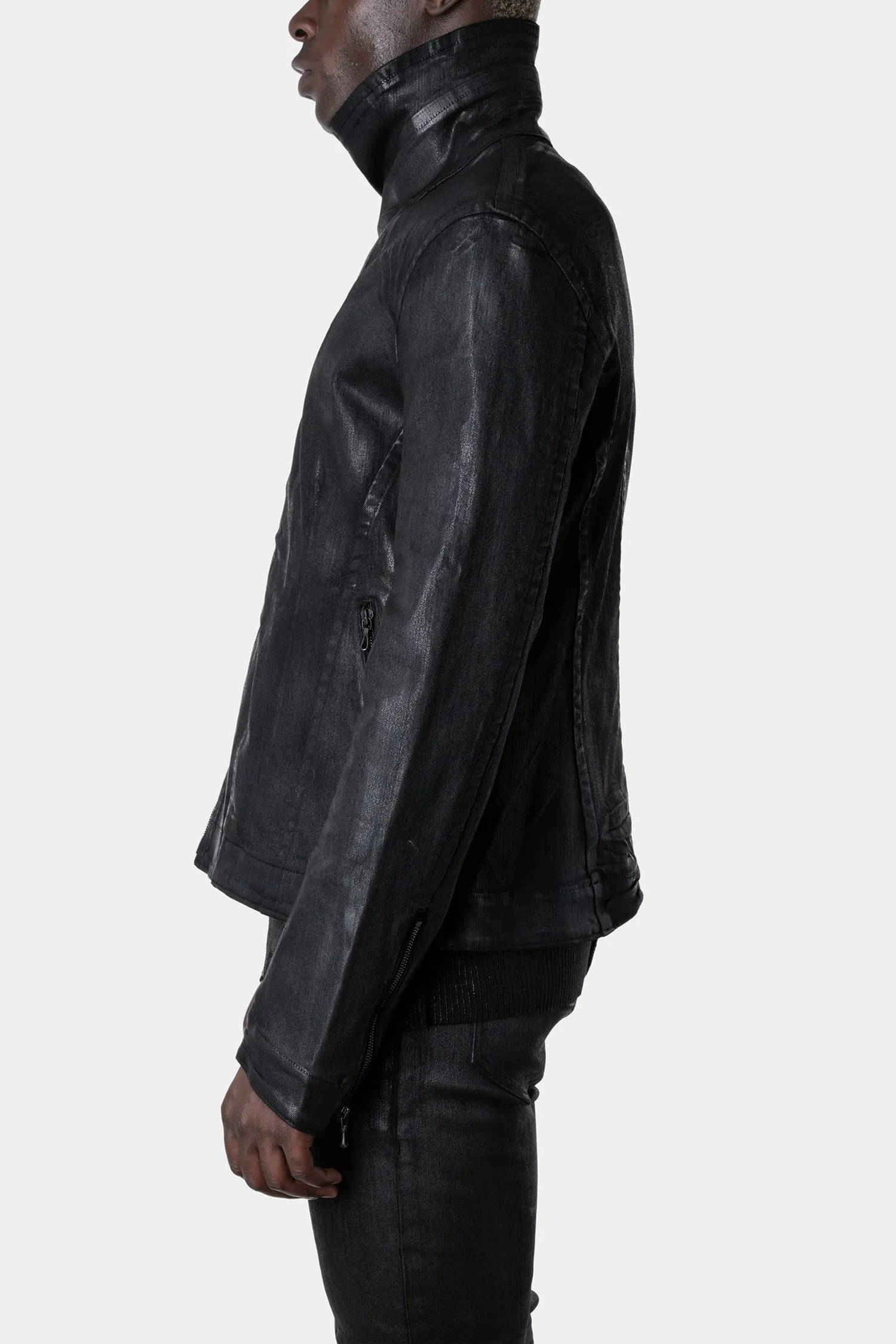 Coated denim high neck zip jacket