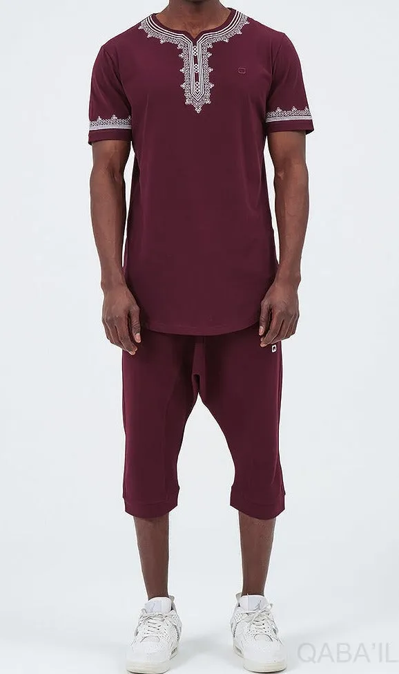 QL ETNIZ Set Relaxed Shorts and Embroidered Top in Burgundy and White