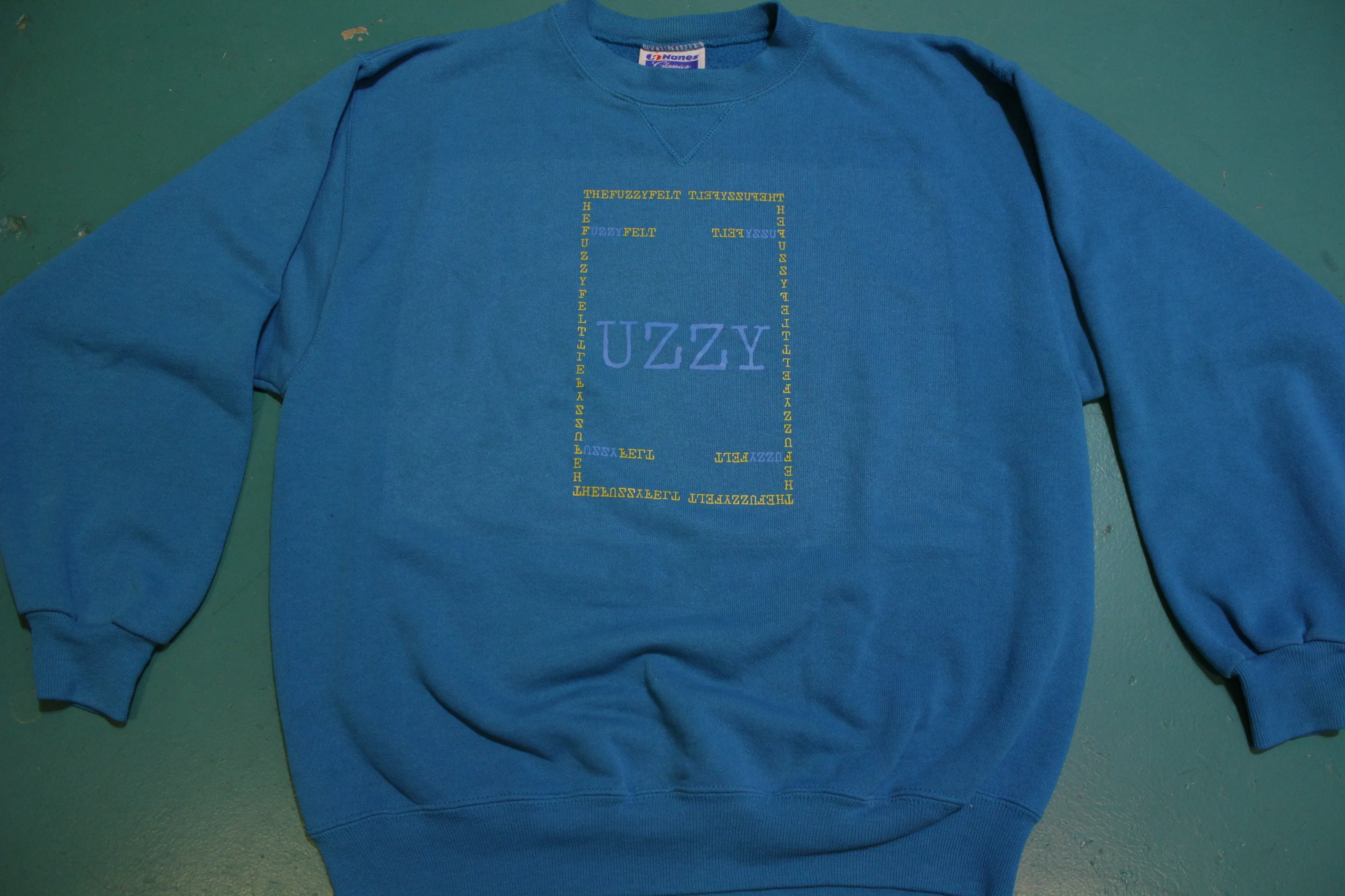 "UZZY" Fuzzy Felt Custom Hand Printed Logo On Authentic Vintage Sweatshirt