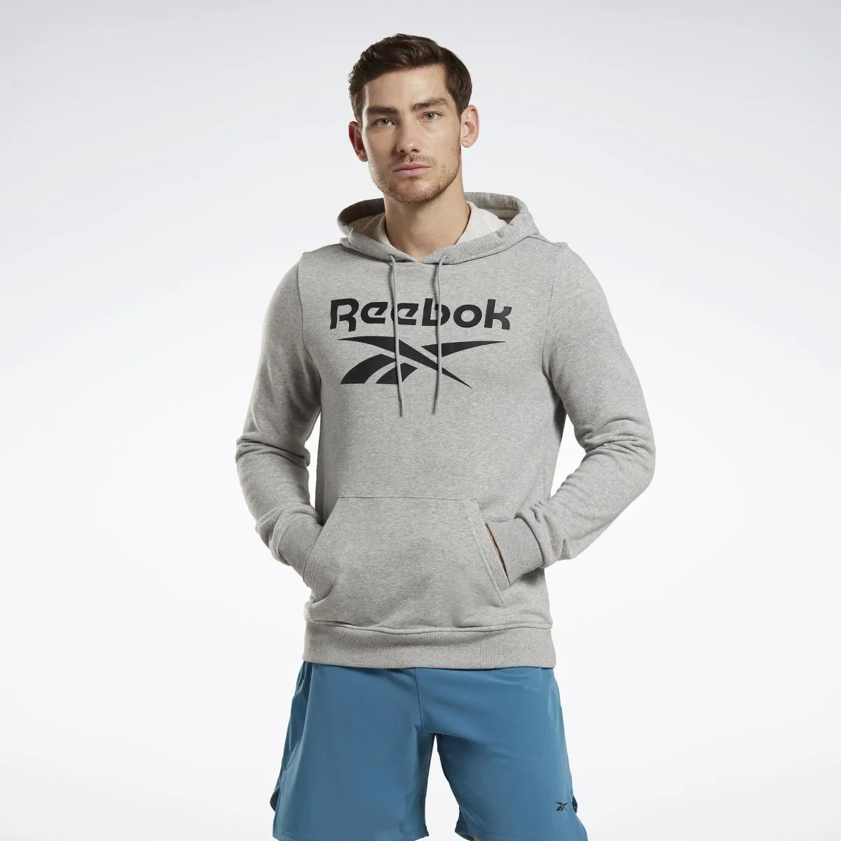 REEBOK MEN'S IDENTITY FRENCH TERRY VECTOR PULLOVER GREY HOODIE