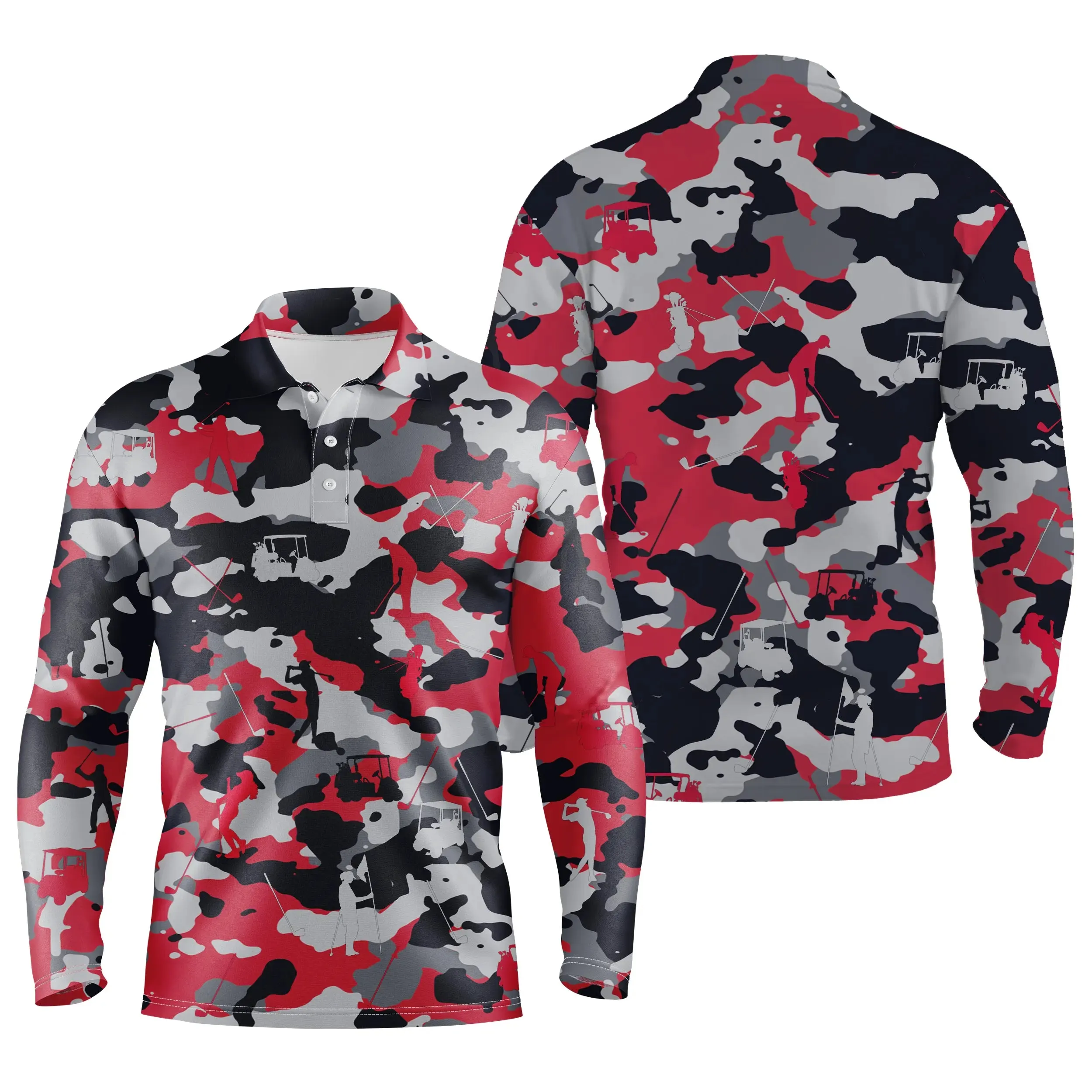 Rouge Noir et Blanc Camouflage, Polo de Golf, Polo de Sport Homme Femme, Cadeau Original pour Fans de Golf, Motif Militaire, Golfer, Club de Golf, Voiture de Golf - CTS19052220