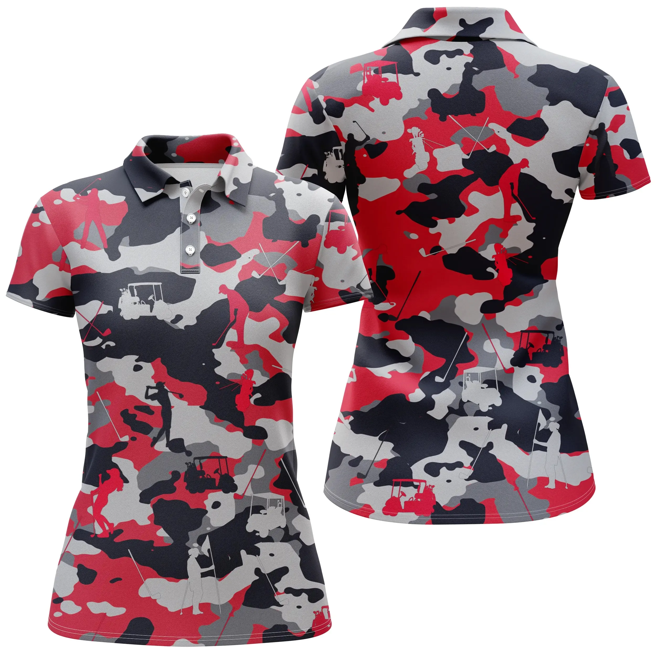 Rouge Noir et Blanc Camouflage, Polo de Golf, Polo de Sport Homme Femme, Cadeau Original pour Fans de Golf, Motif Militaire, Golfer, Club de Golf, Voiture de Golf - CTS19052220