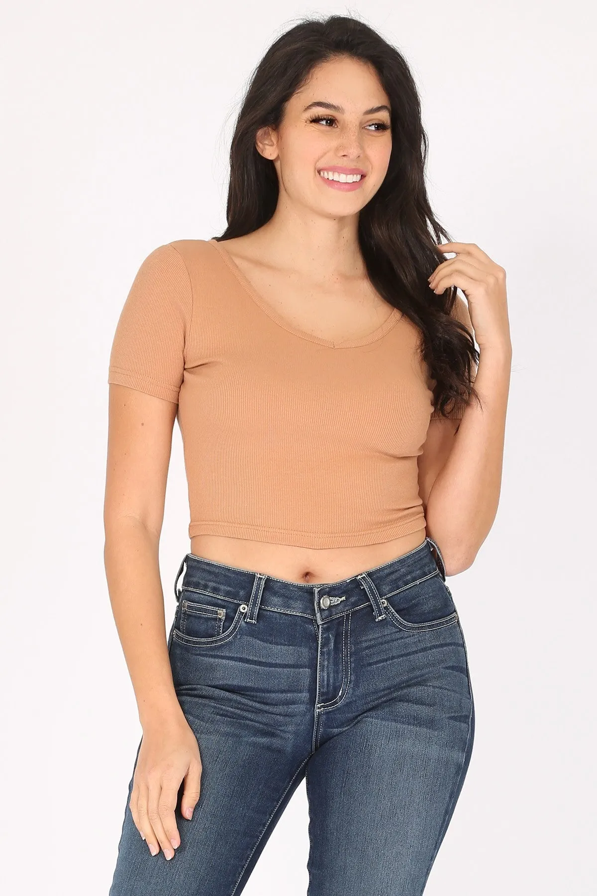 Solid Baby Ribbed V-Neck Short Sleeve Crop T-Shirt