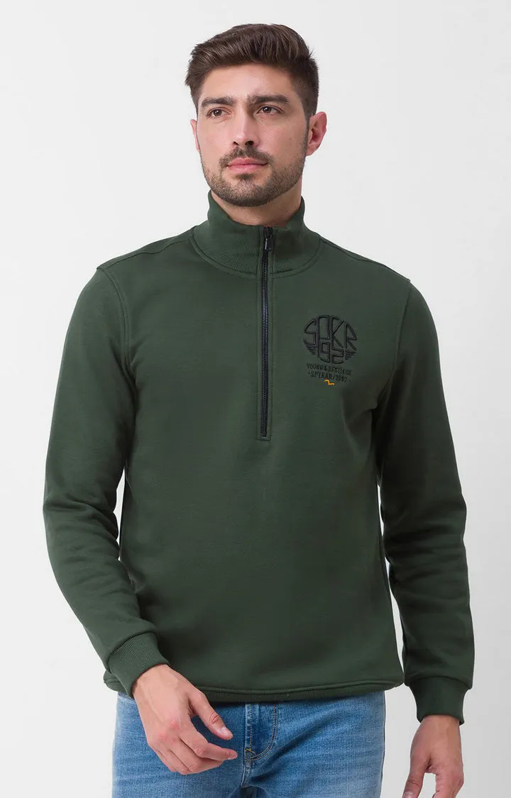 Spykar Bottle Green Cotton Full Sleeve High Neck Sweatshirt For Men