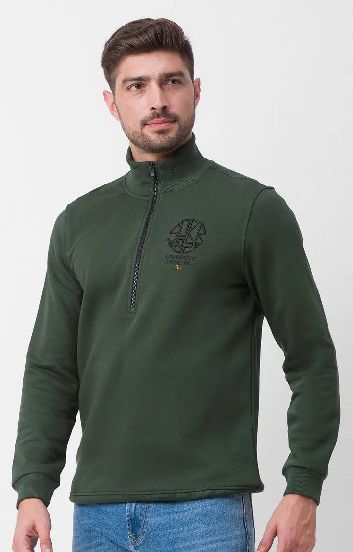 Spykar Bottle Green Cotton Full Sleeve High Neck Sweatshirt For Men