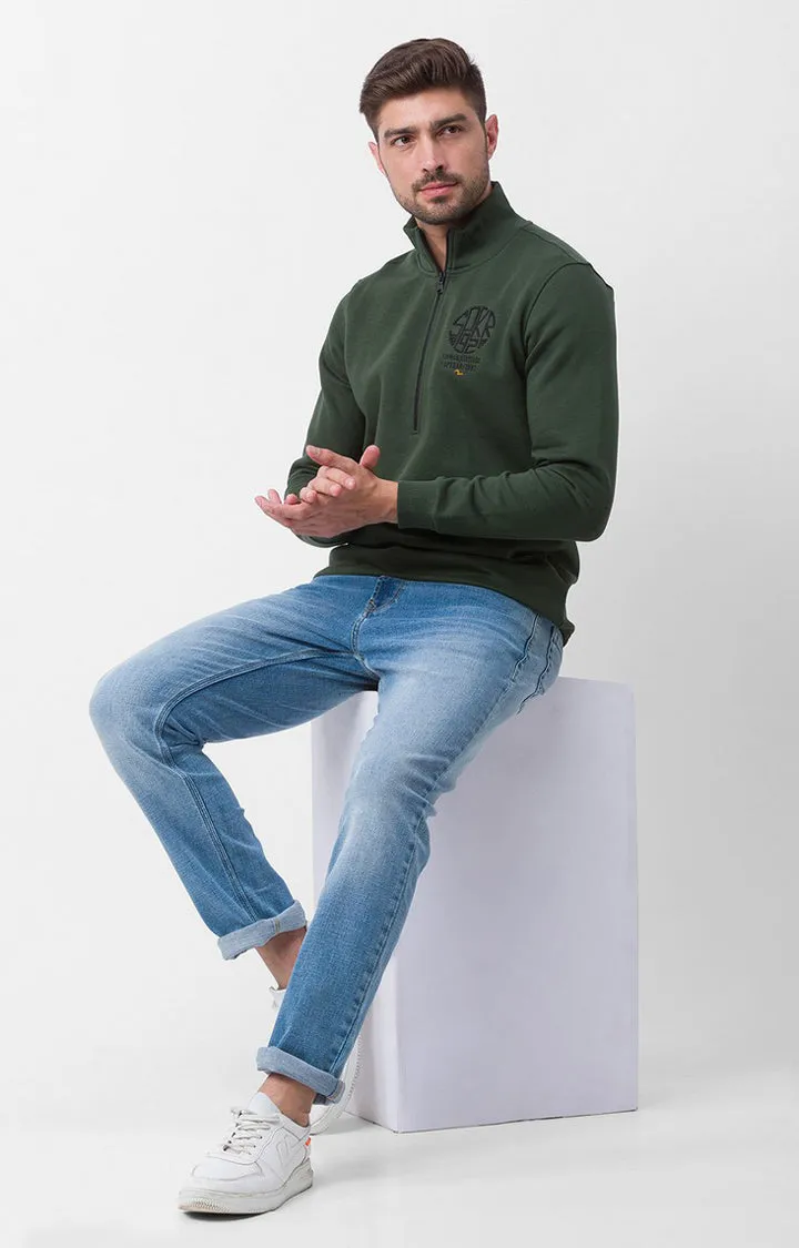 Spykar Bottle Green Cotton Full Sleeve High Neck Sweatshirt For Men