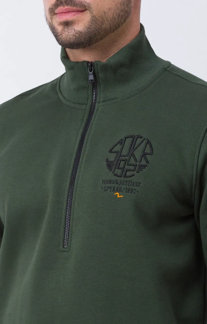 Spykar Bottle Green Cotton Full Sleeve High Neck Sweatshirt For Men