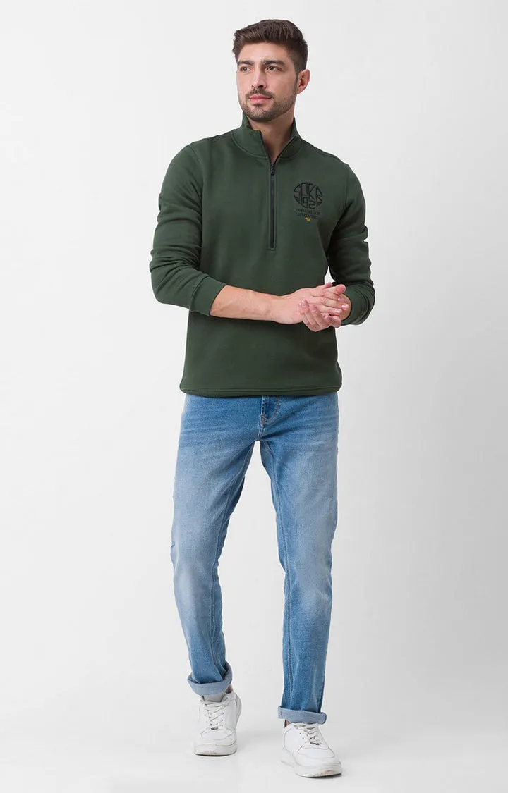 Spykar Bottle Green Cotton Full Sleeve High Neck Sweatshirt For Men