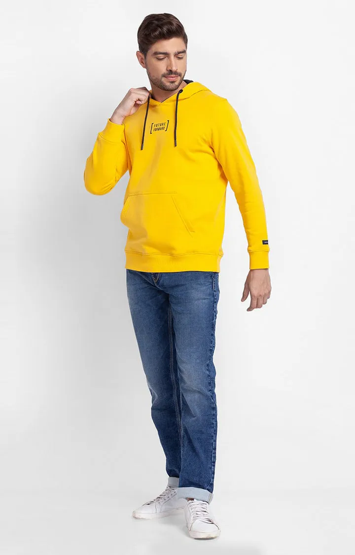 Spykar Chrome Yellow Cotton Full Sleeve Hooded Sweatshirt For Men