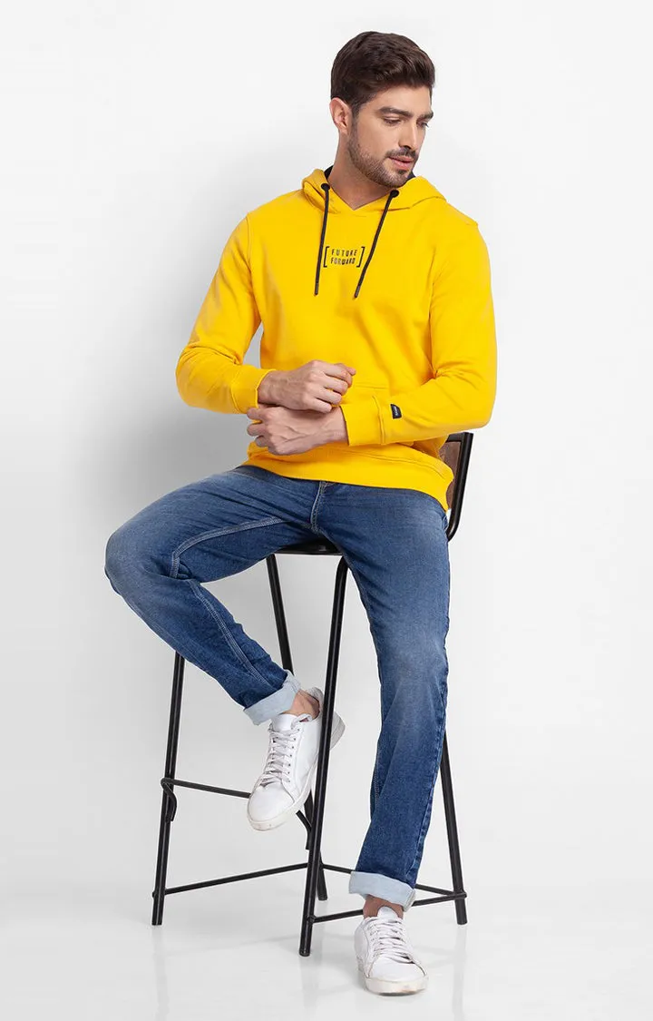 Spykar Chrome Yellow Cotton Full Sleeve Hooded Sweatshirt For Men