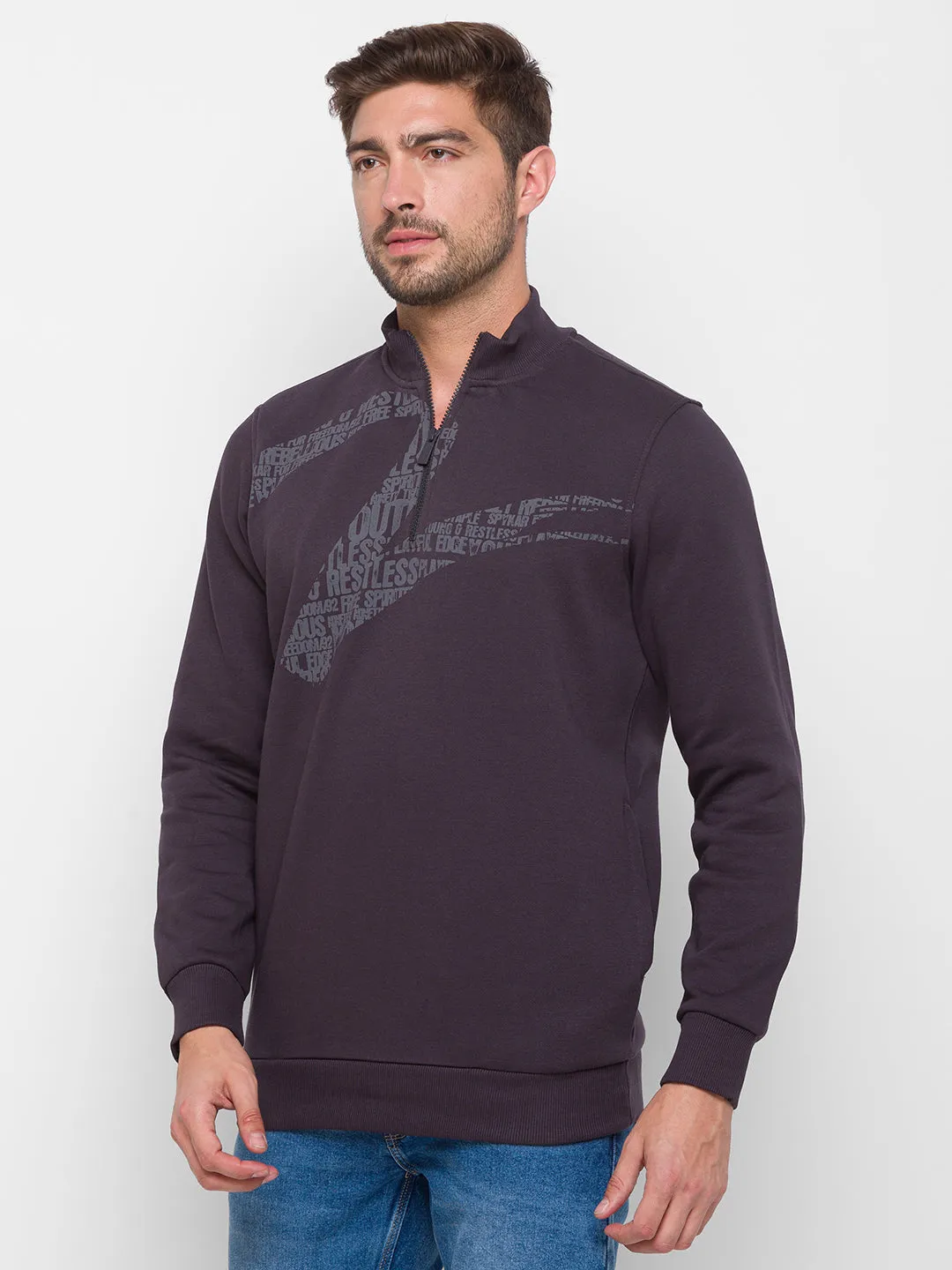 Spykar Men Grey Cotton Regular Fit Sweatshirt