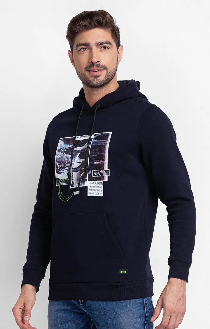 Spykar Navy Blue Cotton Full Sleeve Hooded Sweatshirt For Men