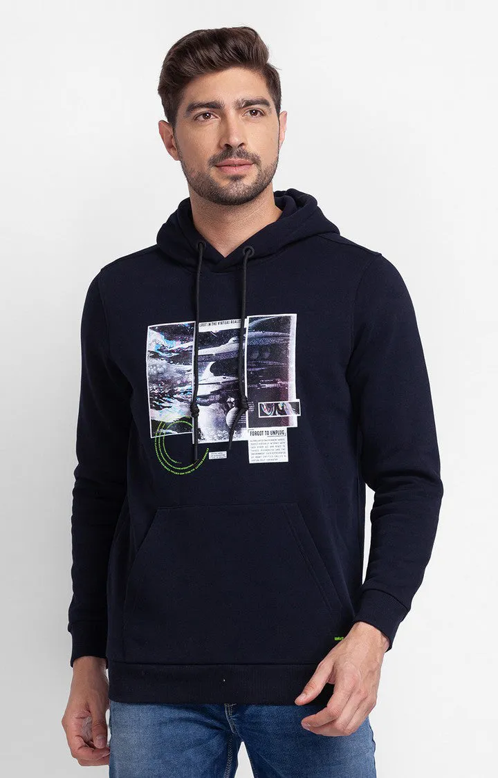 Spykar Navy Blue Cotton Full Sleeve Hooded Sweatshirt For Men