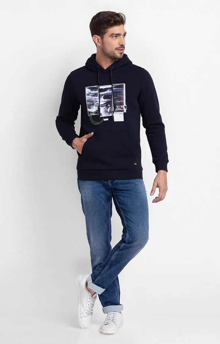 Spykar Navy Blue Cotton Full Sleeve Hooded Sweatshirt For Men