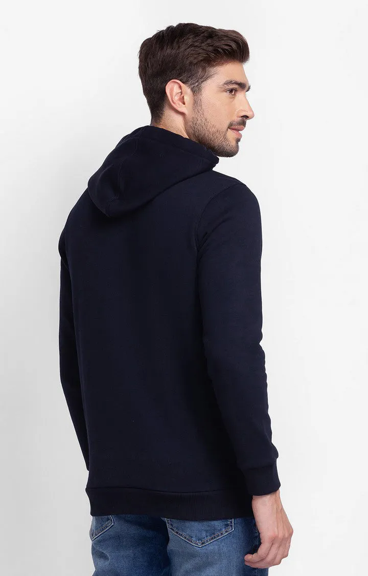 Spykar Navy Blue Cotton Full Sleeve Hooded Sweatshirt For Men