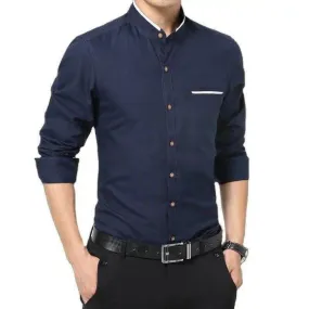 Trybuy Fancy Navy Blue Cotton Solid Button-Up Shirt For Men