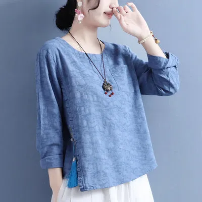 Women Cotton Linen Autumn Long Sleeve Tassel T-Shirt